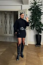 Yarasa Kol Kemerli Mini Elbise