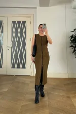 Suni Süet Sıfır Kol Midi Elbise