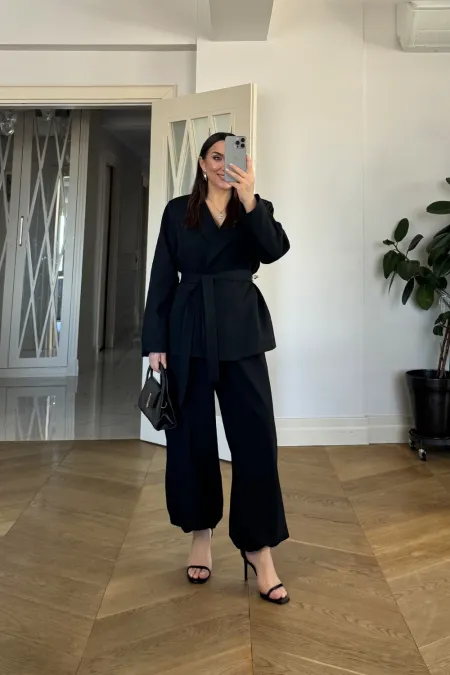 Kuşaklı Ceket Pantolon Kadın Takım