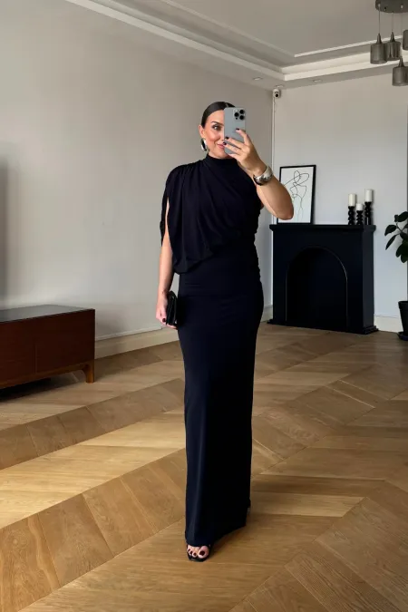 Tek Omuz Drape Detaylı Uzun Elbise