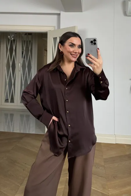 Gold Düğmeli Saten Kadın Gömlek