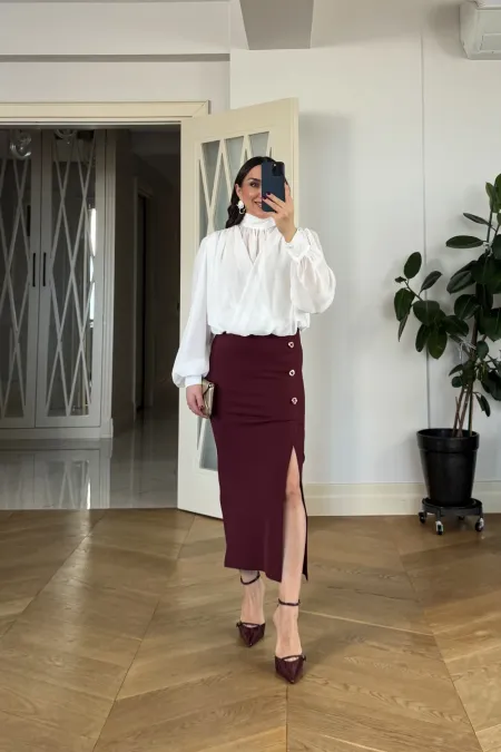 Midi Pencil Skirt with Slit and Button Detail