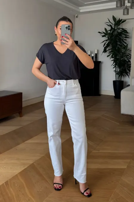 Kesik Paça Boyfit Kadın Denim Pantolon