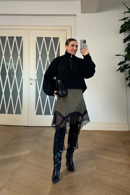 Dantelli Saten Mini Etek