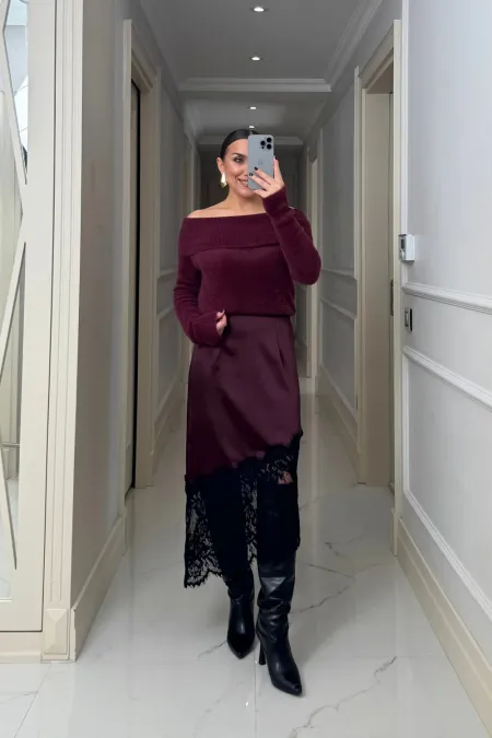 Asimetrik Kesim Dantel Detaylı Saten Etek