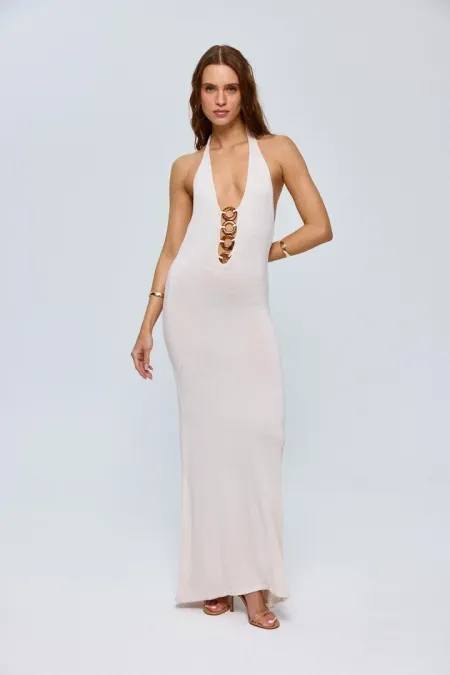 Boyundan Geçmeli Triko Uzun Elbise