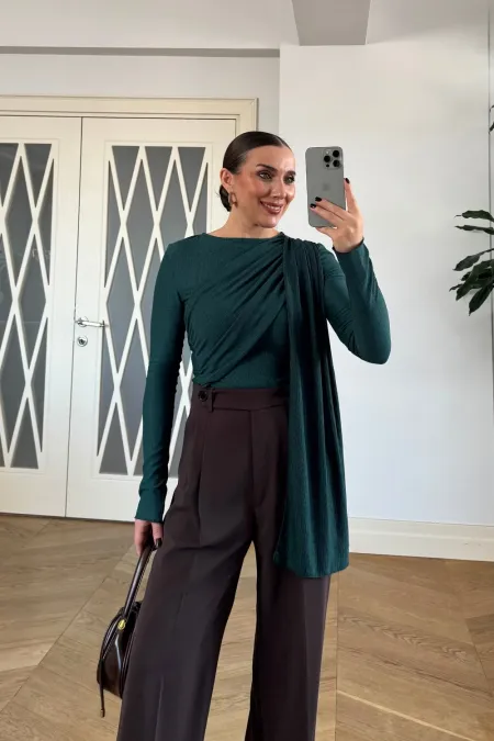 Şal Detaylı Uzun Kollu Bluz