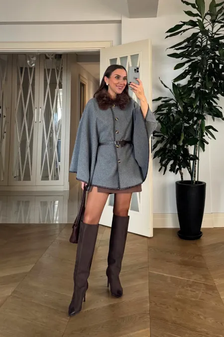 Dikiş Detaylı Suni Kürklü Kaşe Panço