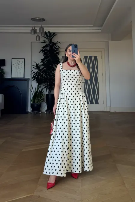 Square Neck Polka Dot Strappy Midi Dress Square Neck Polka Dot Strappy Midi Dress