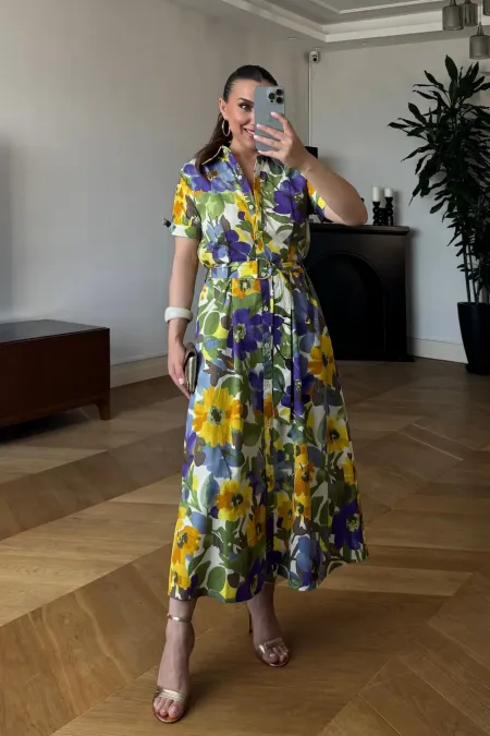 Çiçek Desenli Midi Gömlek Elbise