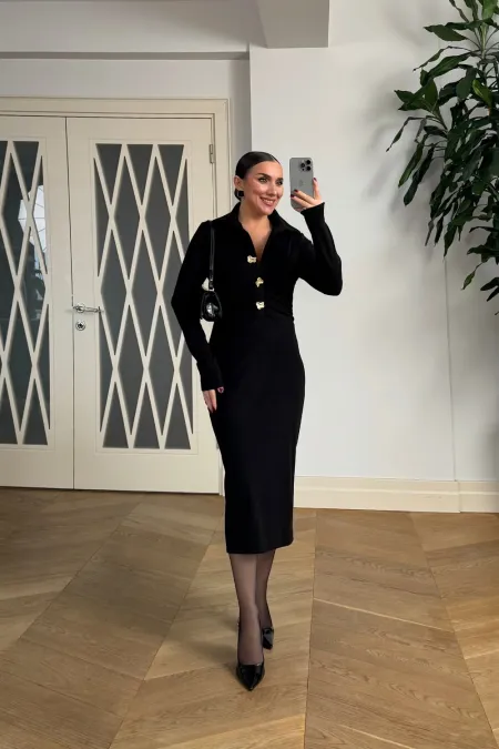 Kadife Dokulu Midi Gömlek Elbise