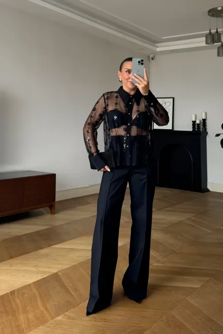 Transparan Tül Kadın Gömlek