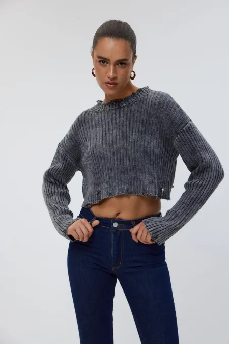 Bisiklet Yaka Crop Triko Kadın Kazak %100 Pamuk