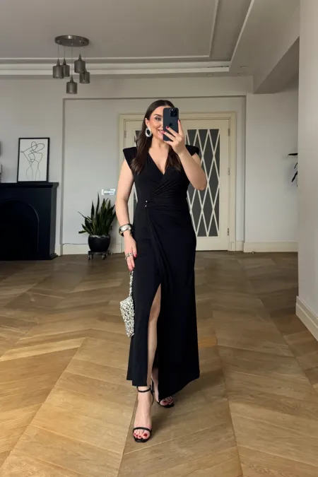 Kruvaze Yaka Vatkalı Uzun Elbise