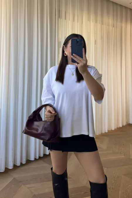 Oversize Bisiklet Yaka Kadın Tişört