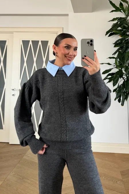 Gömlek Yaka Triko Kadın Kazak