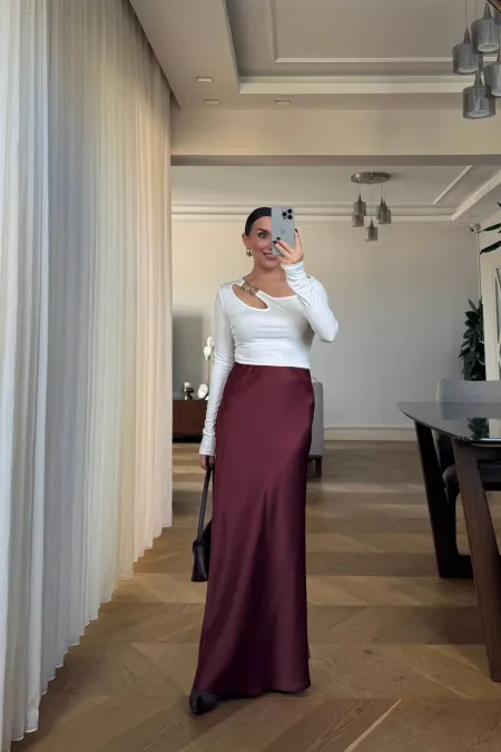 Beli Lastikli Uzun Saten Etek