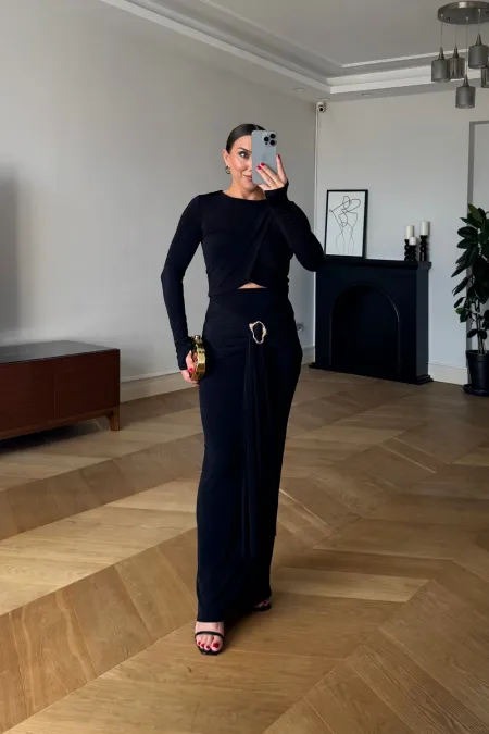 Toka Detaylı Bluz Etek Takım