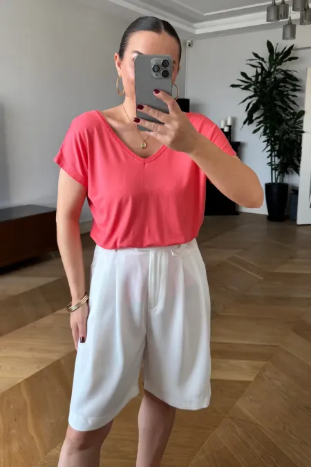 Ön Arka V Kısa Kollu Kadın Tişört