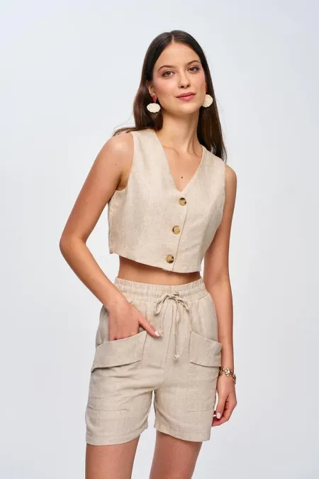 Keten Yelek Şort Kadın Takım
