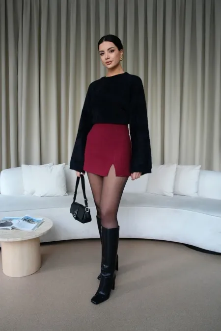 Yırtmaçlı Mini Kaşe Etek