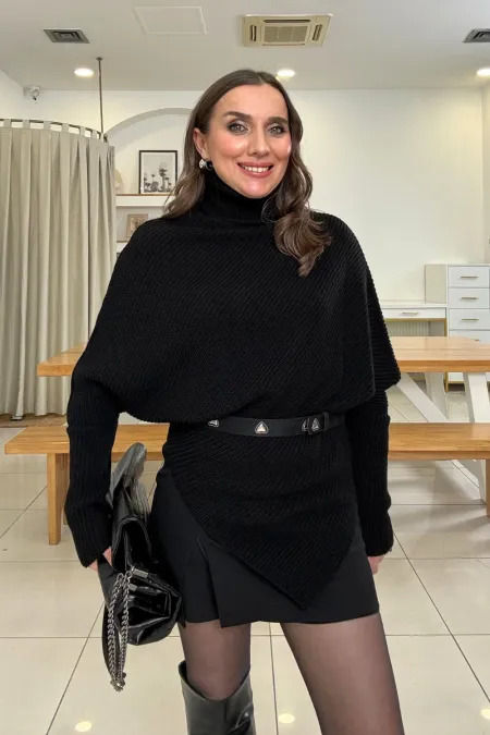 Balıkçı Yaka Asimetrik Triko Kadın Kazak