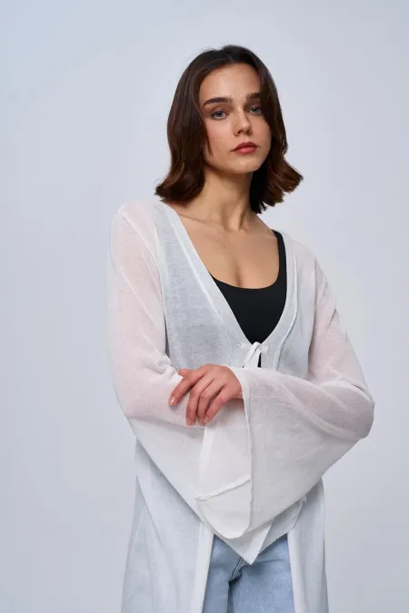 Bağlama Detaylı İnce Uzun Kadın Triko Hırka