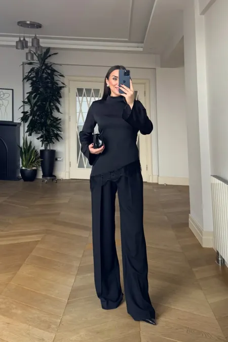 Dik Yaka Dantel Detaylı Asimetrik Bluz