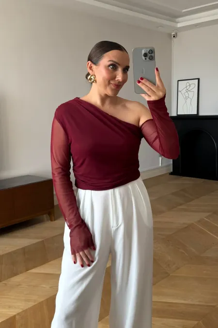 Drapeli Asimetrik Kesim Tül Bluz