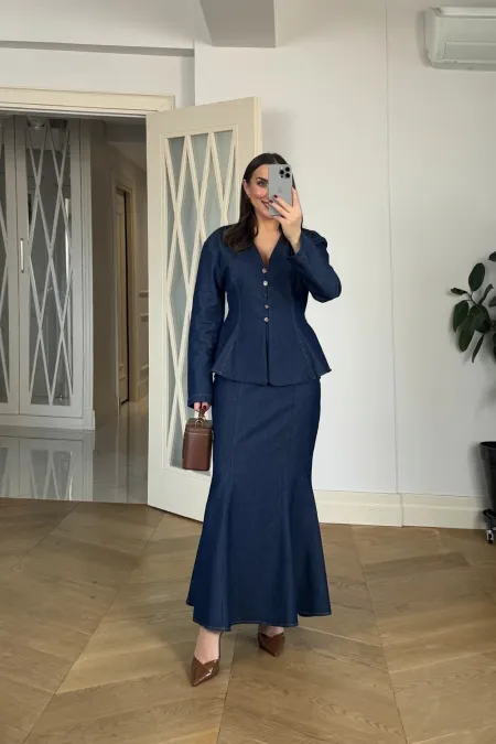 Vücüda Oturan Gömlek Etek Denim Takım