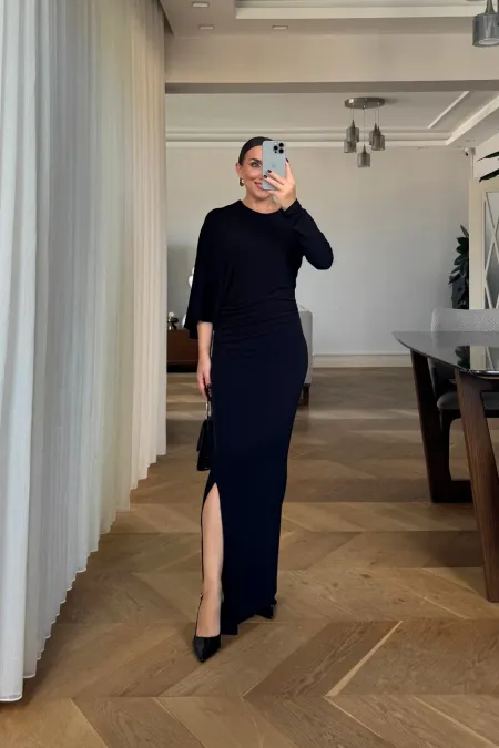 Yarasa Tek Kol Detaylı Uzun Elbise