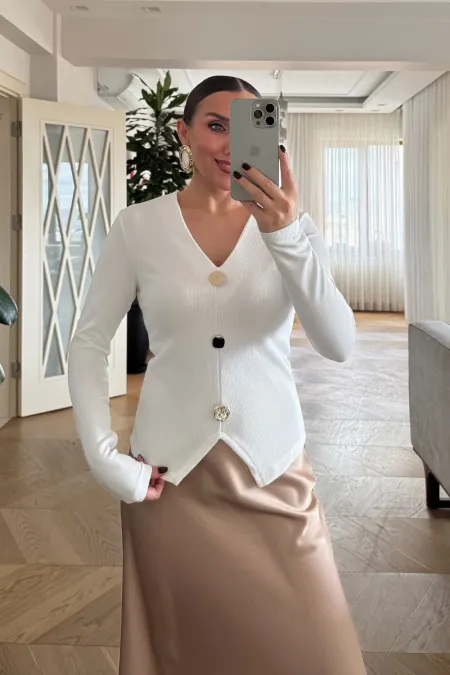 V Yaka Fitilli Uzun Kollu Bluz