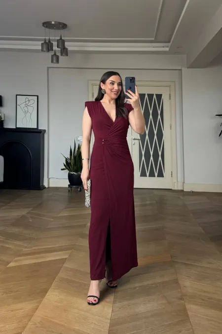 Kruvaze Yaka Vatkalı Uzun Elbise
