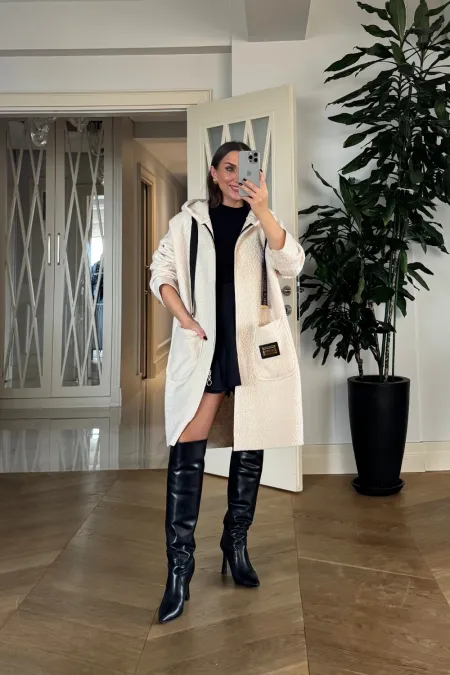 Kapüşonlu Buklet Kadın Ceket