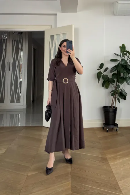 Kruvaze Yaka Kısa Kollu Uzun Elbise