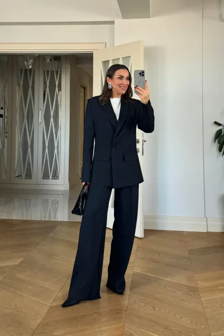 Kruvaze Çizgili Blazer Ceket Pantolon Kadın Takım