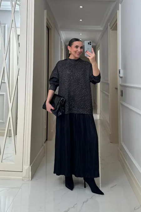 Leopar Desenli Sweat Uzun Elbise