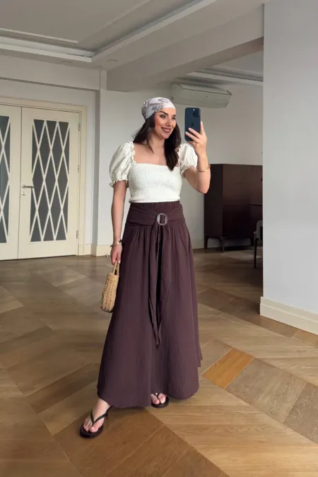 Beli Lastikli Müslin Midi Etek