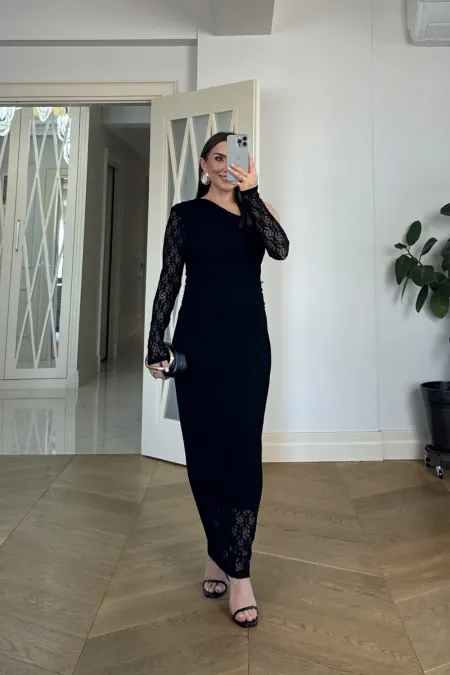 Asimetrik Yaka Dantel Midi Elbise