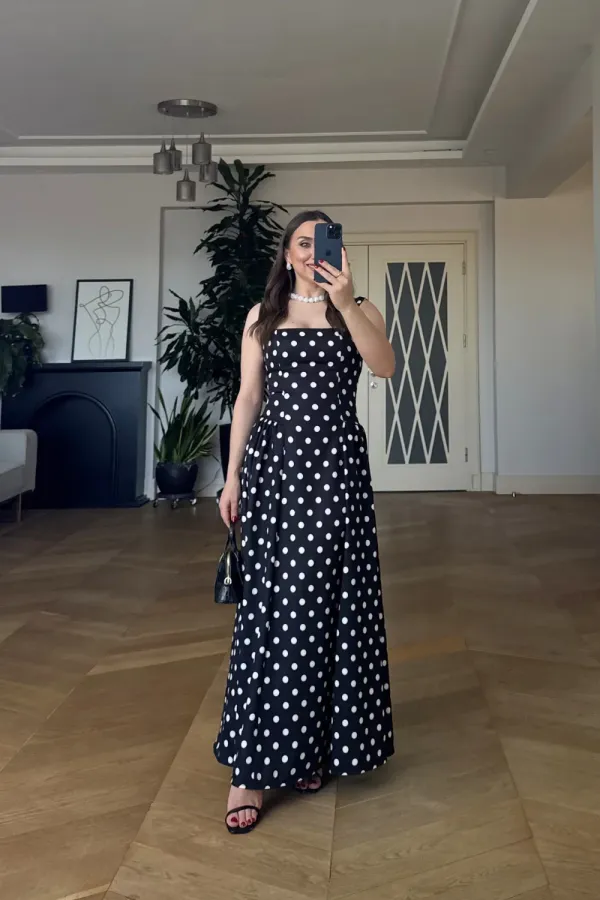 Square Neck Polka Dot Strappy Midi Dress Square Neck Polka Dot Strappy Midi Dress