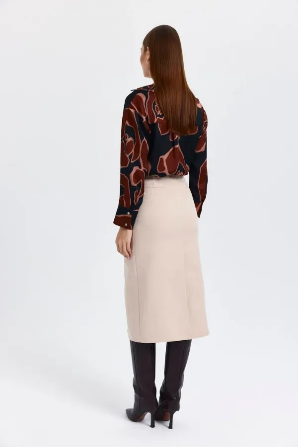 Yüksek Bel Yırtmaçlı Düz Kesim Midi Etek