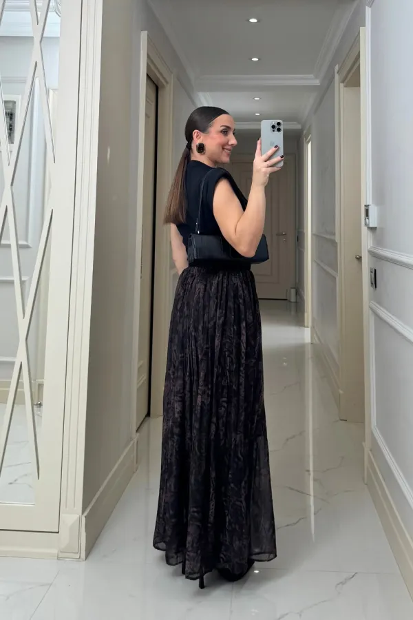 Desenli Uzun Şifon Etek