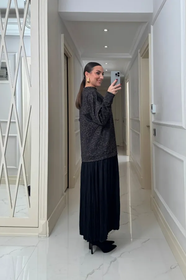 Leopar Desenli Sweat Uzun Elbise