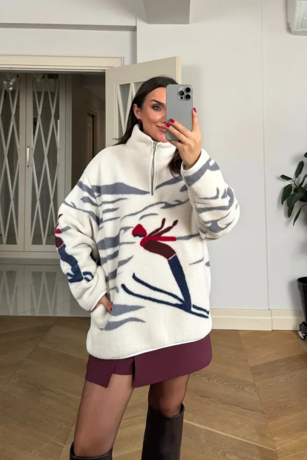 Dik Yaka Fermuarlı Polar Kadın Sweatshirt