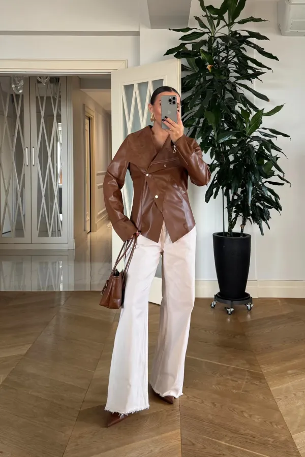 Suni Deri Çıtçıtlı Kadın Ceket