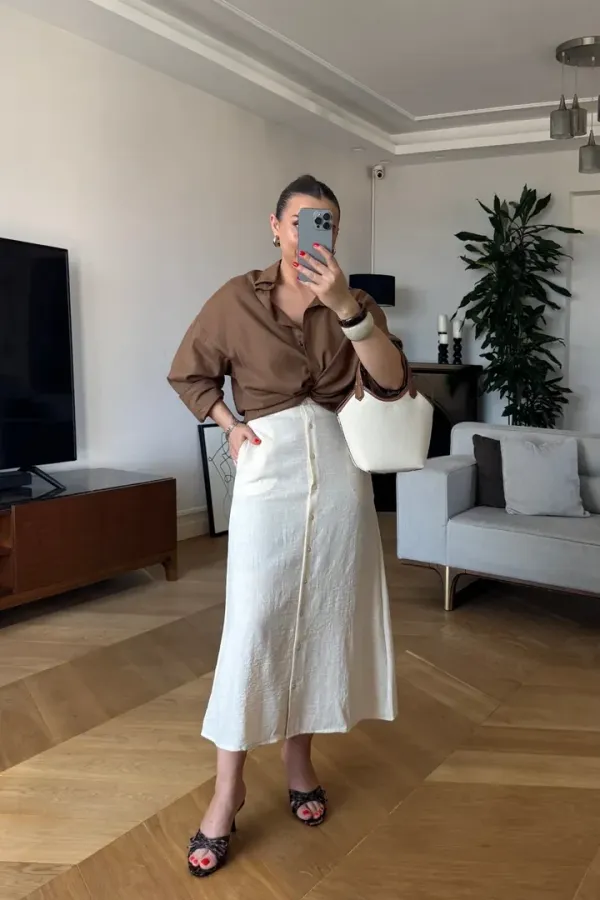 Keten Karışımlı Düğmeli Midi Etek