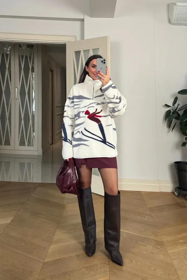 Dik Yaka Fermuarlı Polar Kadın Sweatshirt