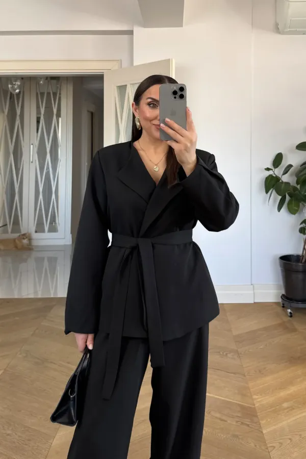 Kuşaklı Ceket Pantolon Kadın Takım