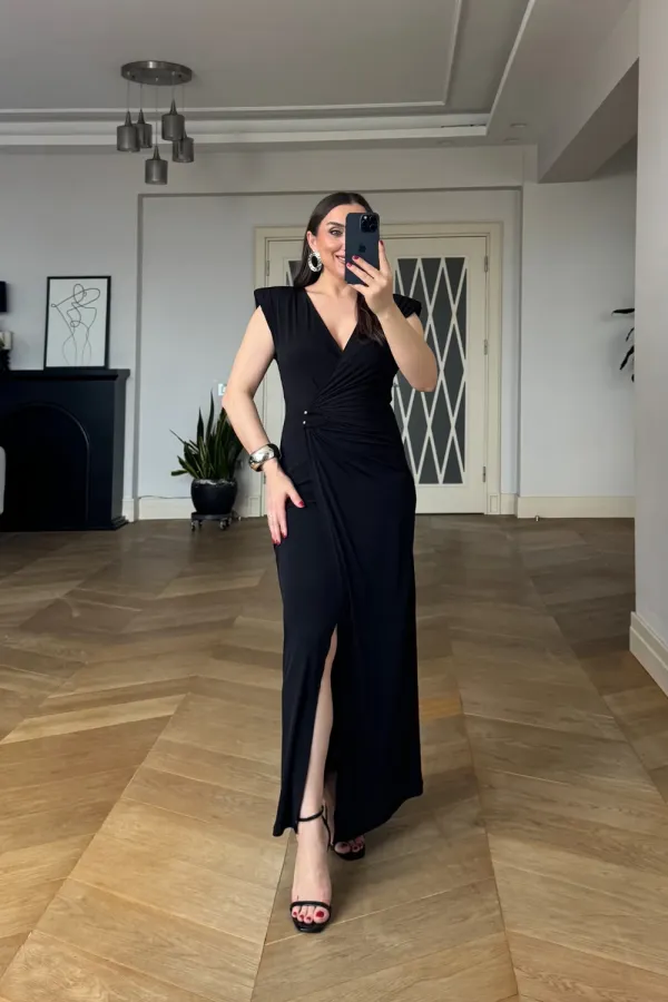 Wrap-Neck Padded Long Dress Wrap-Neck Padded Long Dress