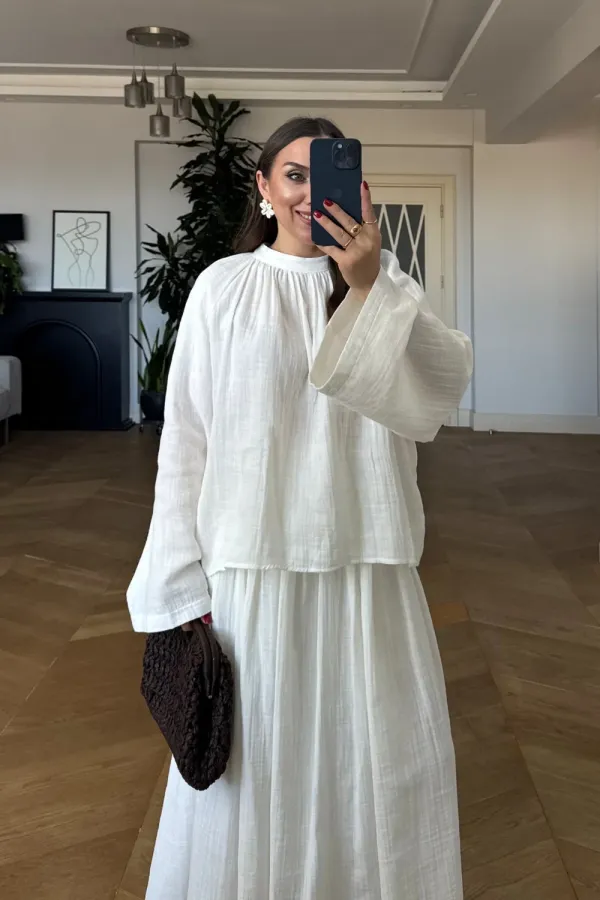 Linen Blend Long-Sleeved Blouse and Skirt Set
